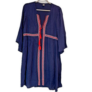 Old Navy Tassel Tie Embroidered Boho Pullover Blue Orange Tunic Dress Medium